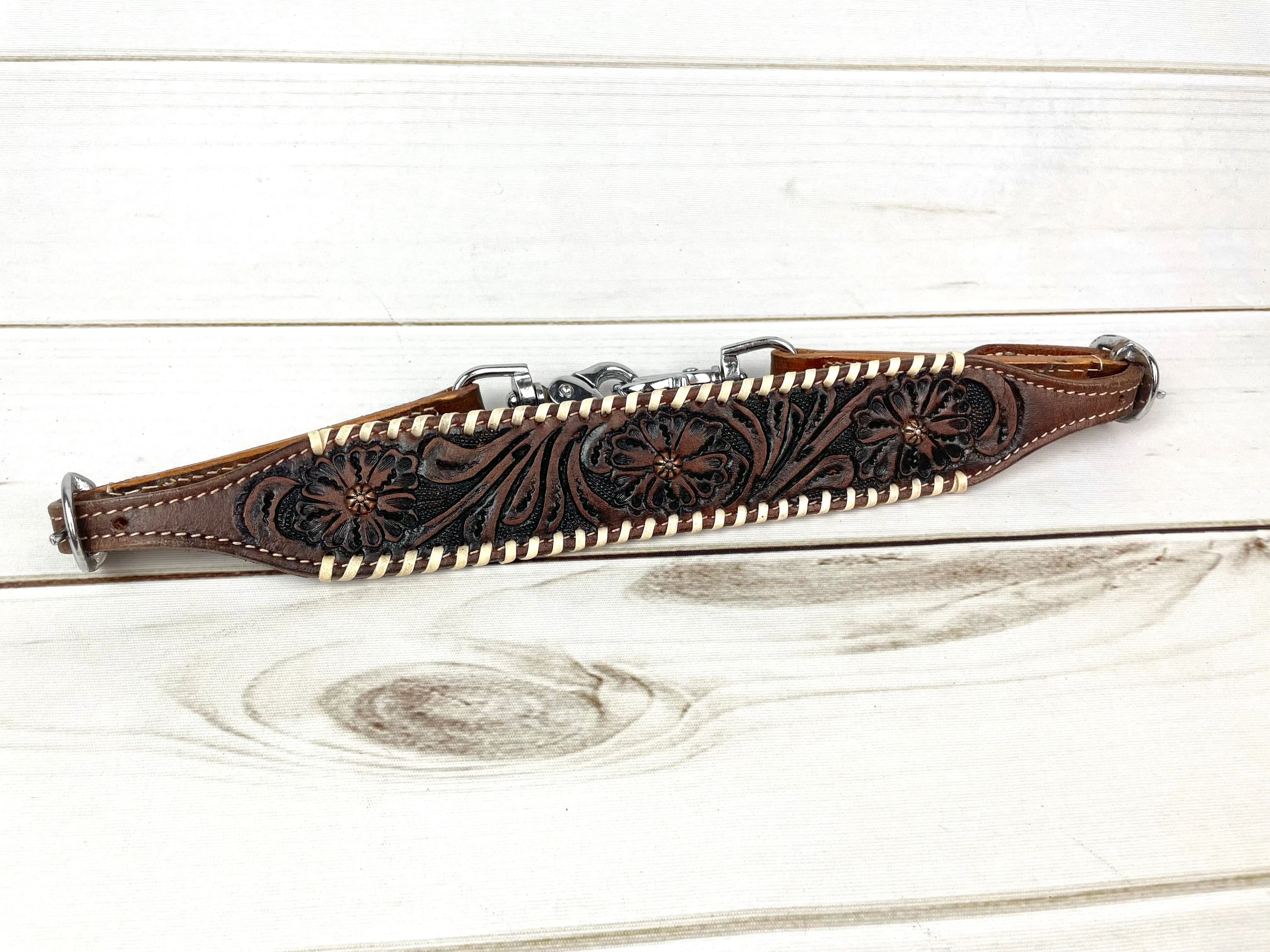 Dark Tooled Leather Wither Strap with Copper Spots