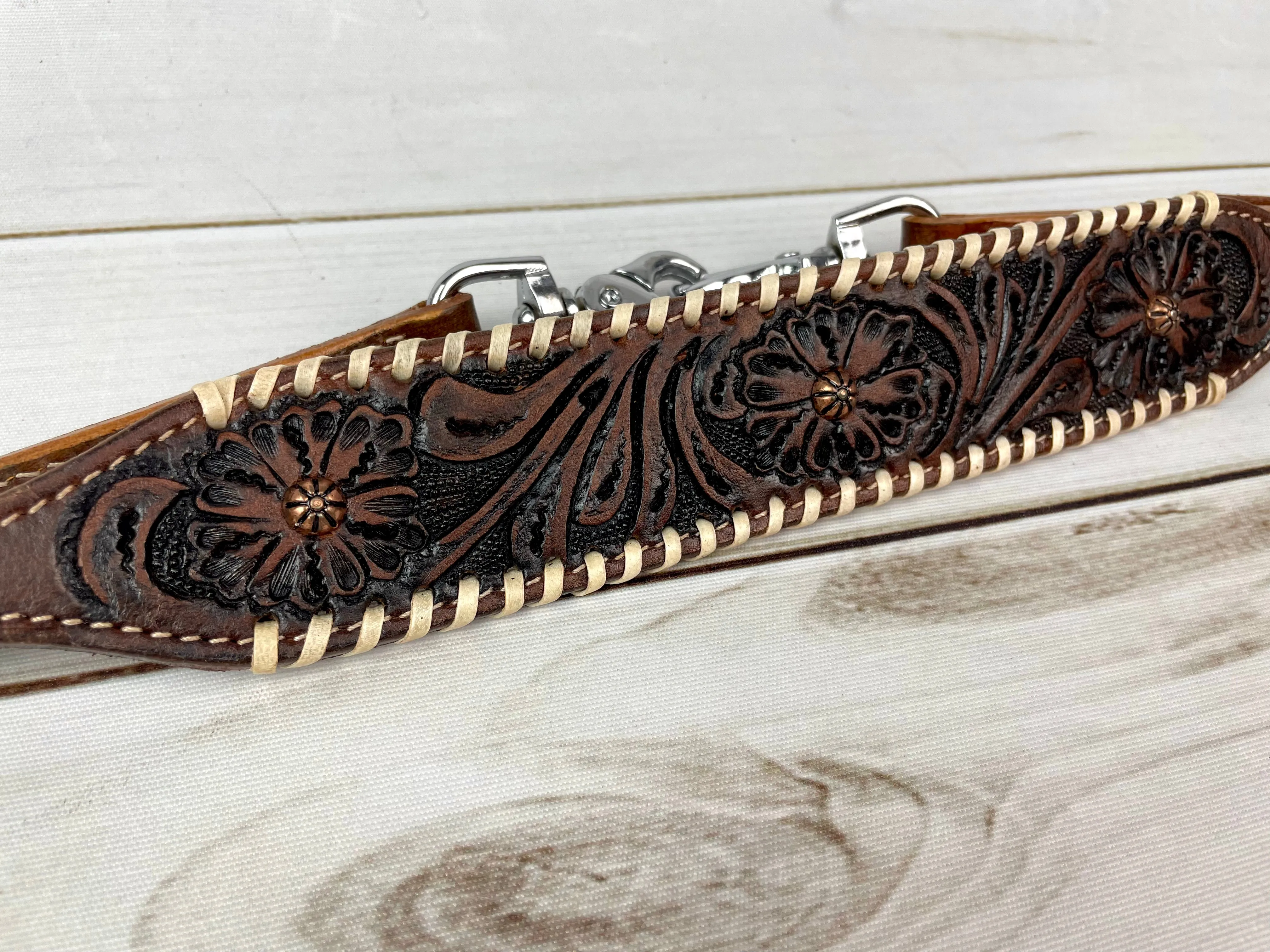 Dark Tooled Leather Wither Strap with Copper Spots