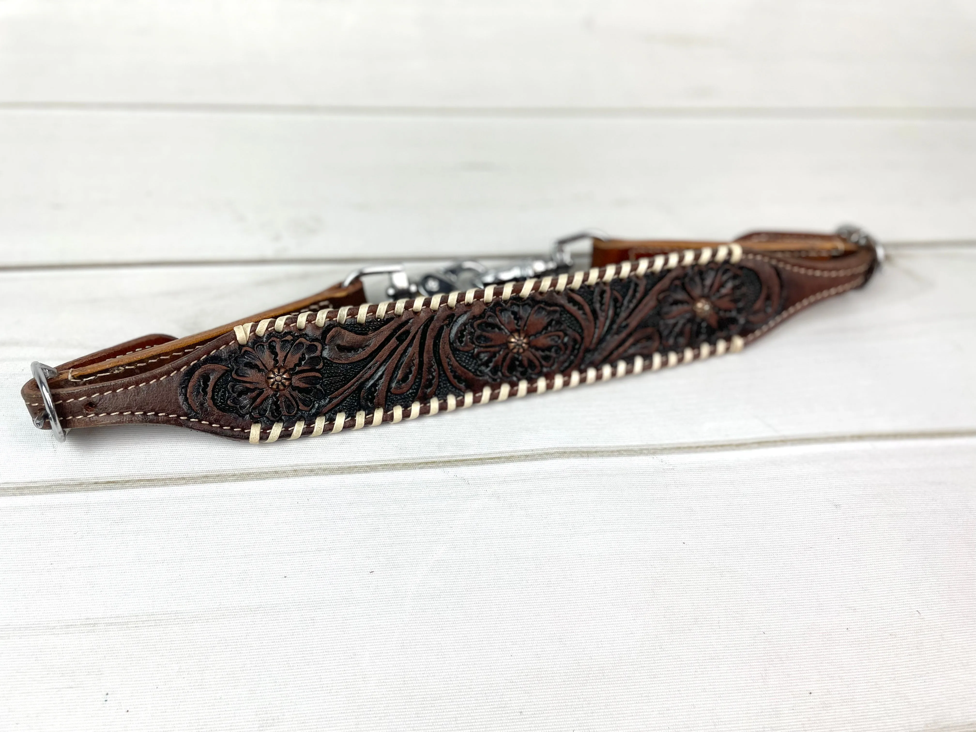 Dark Tooled Leather Wither Strap with Copper Spots