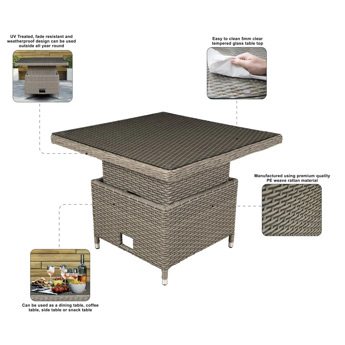 Dellonda Chester Rattan Wicker Adjustable Outdoor Dining Table, Brown