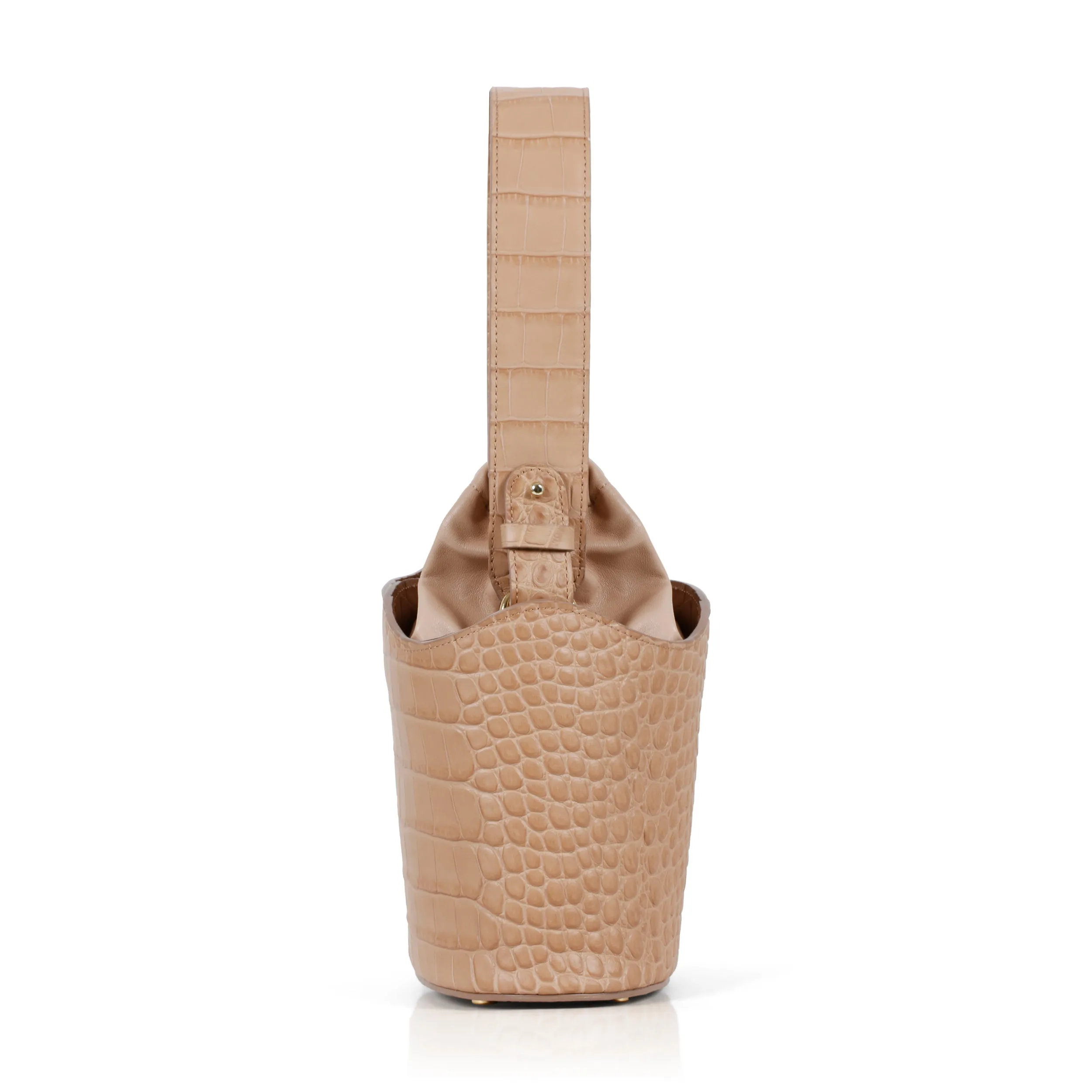 Dune Mini Bucket Embossed Leather: Designer Handbag in Camel