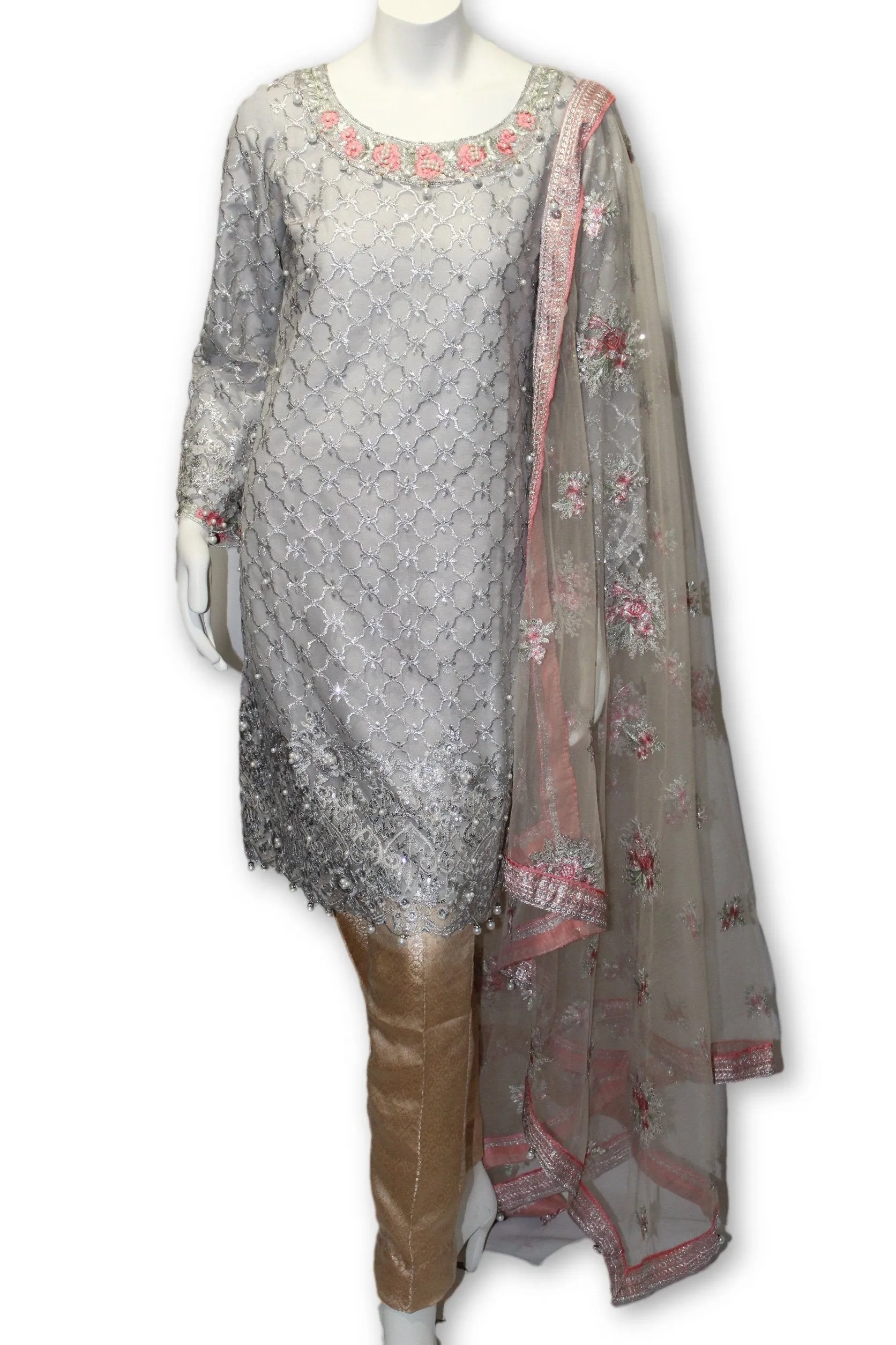 E11 Pakistani Indian 3 Pc Party Wear Chiffon Dress