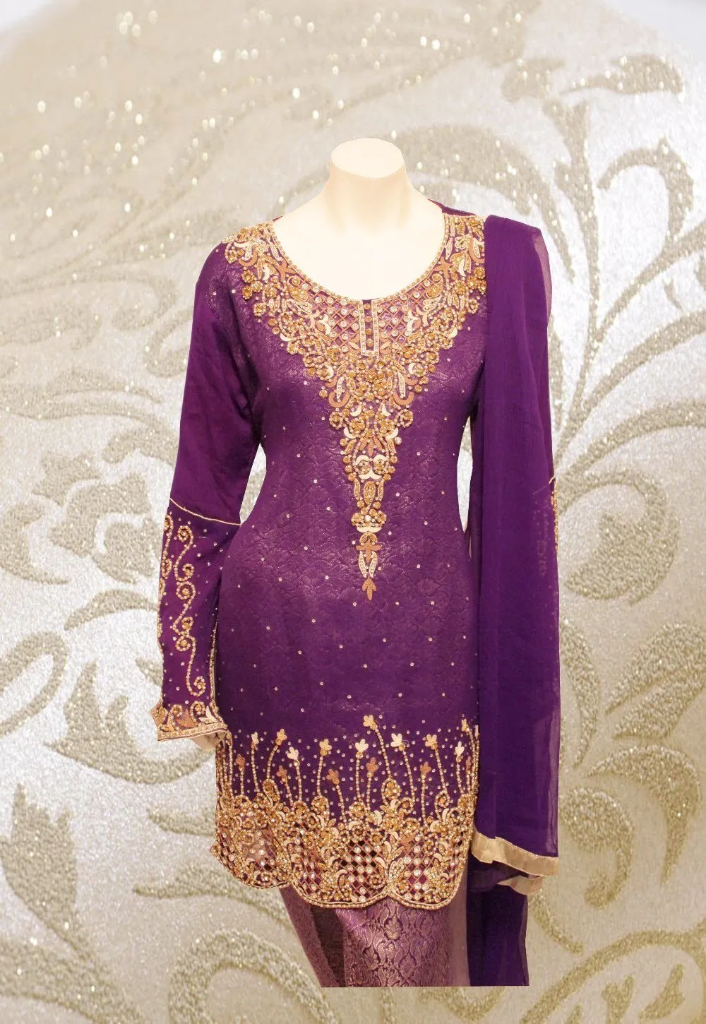 E27 Pakistani Indian Heavy Party Wear Luxury  Chiffon Dress In Indigo 3PC