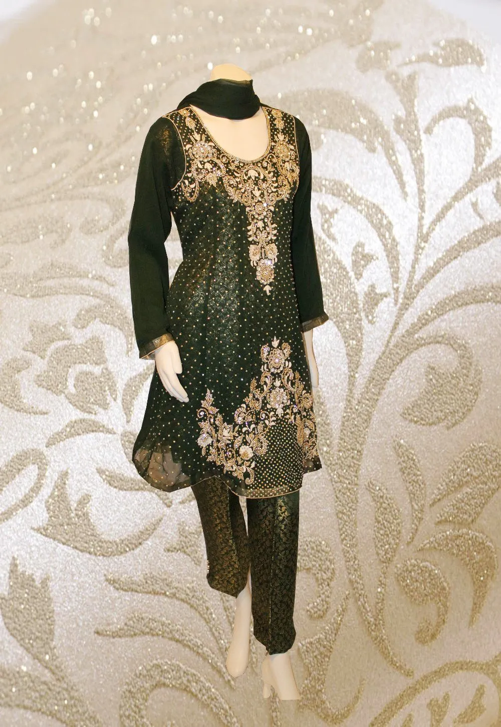 E28  Pakistani Indian Heavy Party Wear Luxury  Chiffon Dress In Bottle Green 3 PC