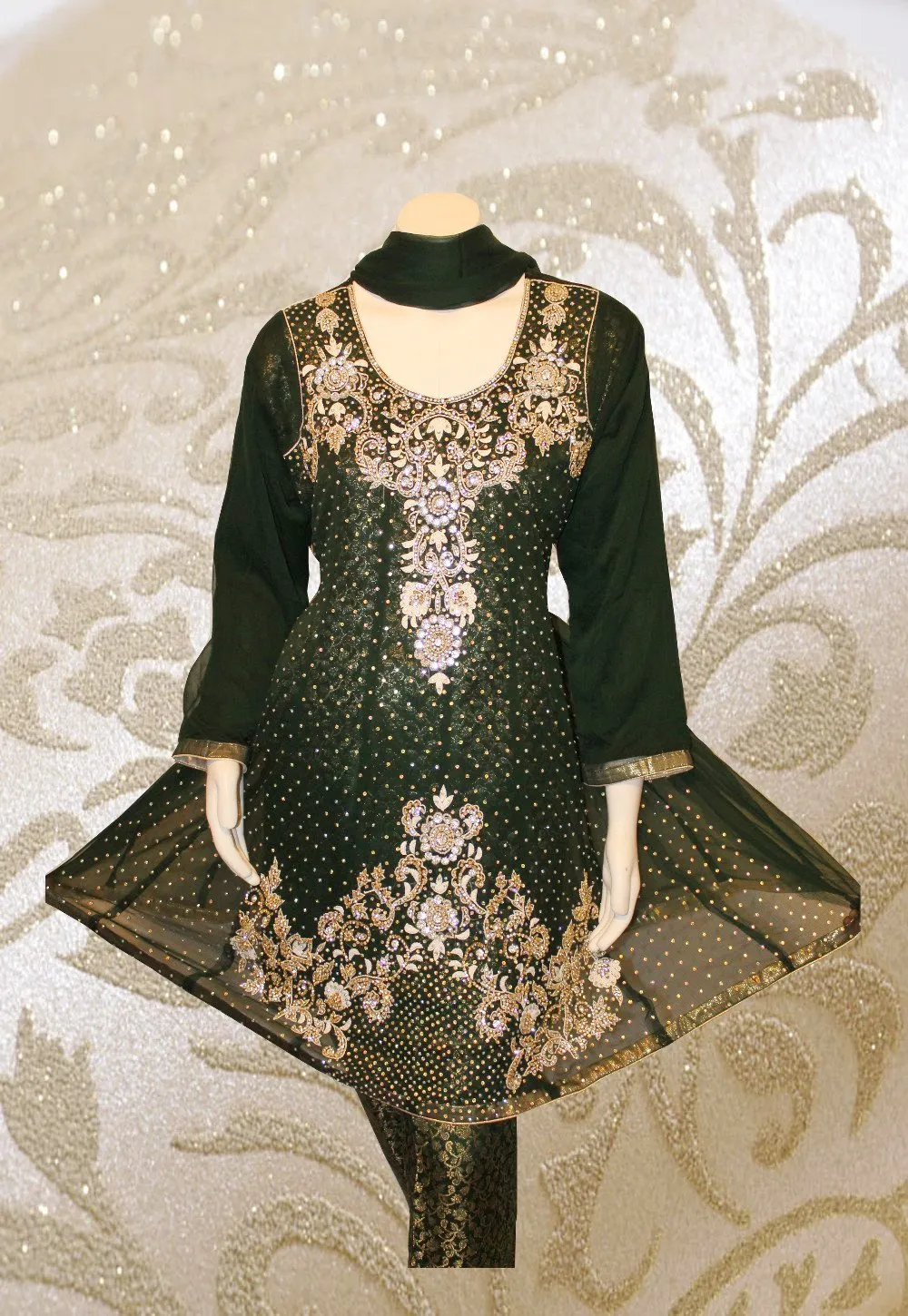 E28  Pakistani Indian Heavy Party Wear Luxury  Chiffon Dress In Bottle Green 3 PC