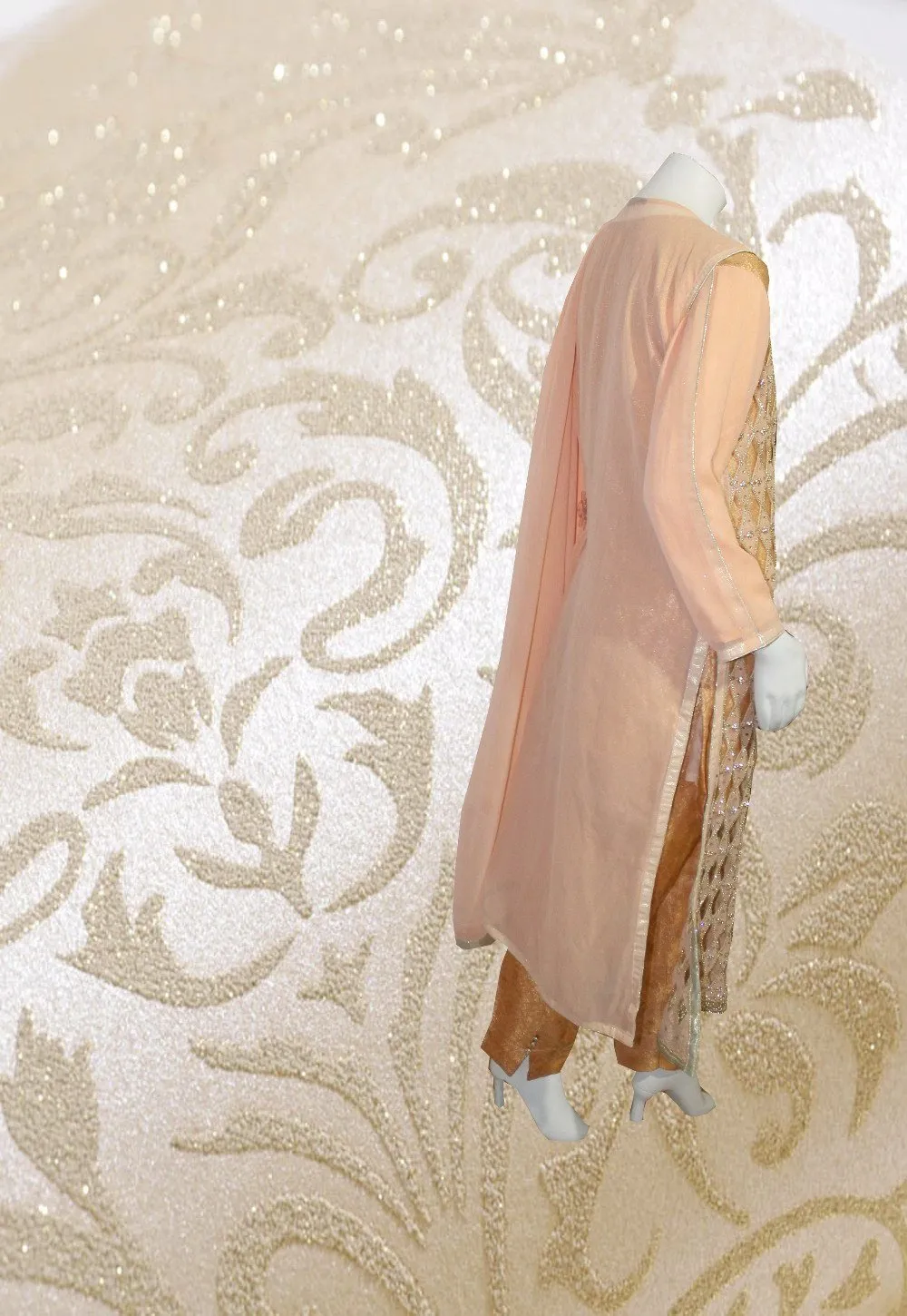 E33 Pakistani Indian Heavy Party Wear Luxury  Gown Style Chiffon Dress In Peach 4 PC