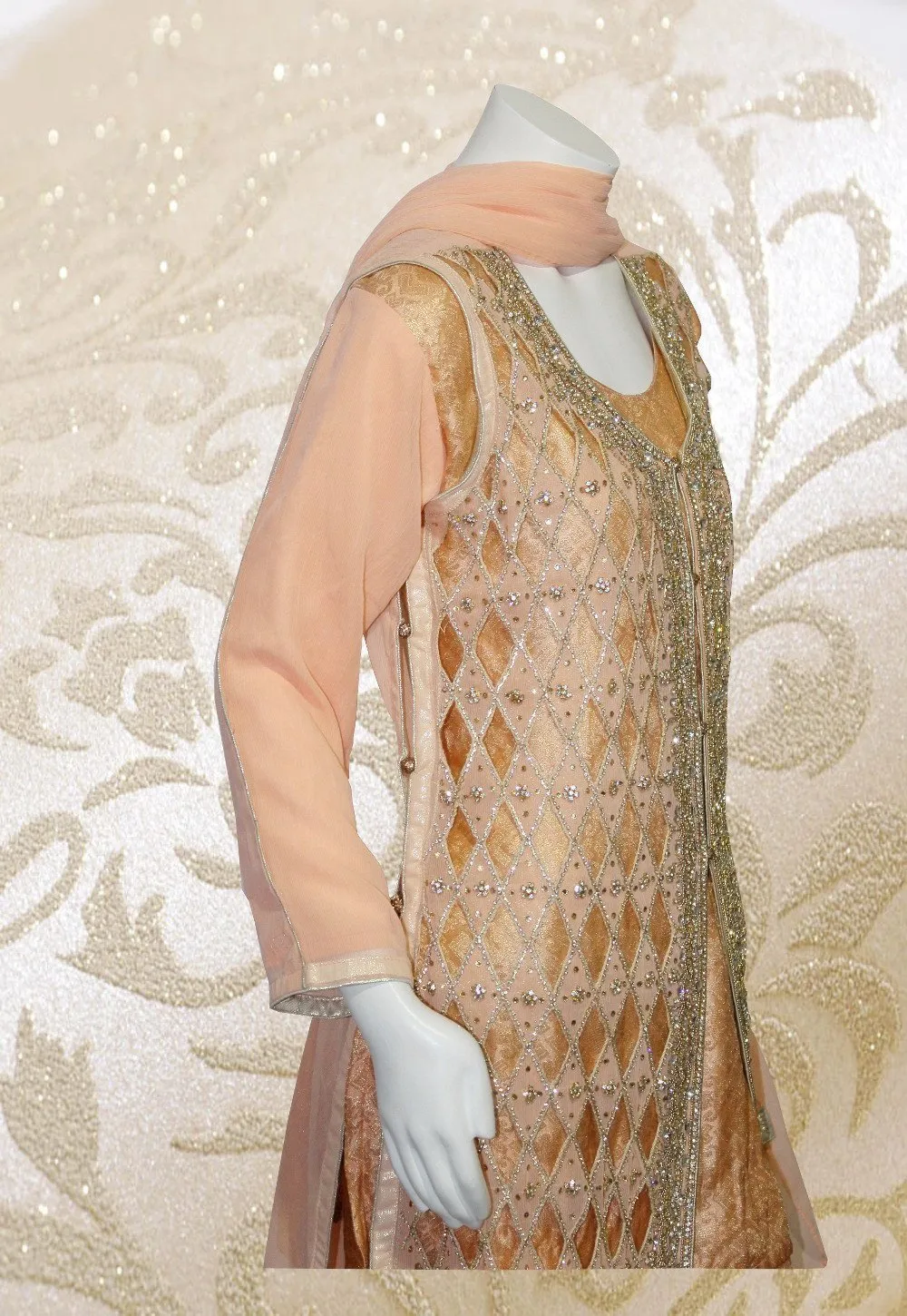 E33 Pakistani Indian Heavy Party Wear Luxury  Gown Style Chiffon Dress In Peach 4 PC
