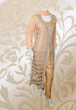 E33 Pakistani Indian Heavy Party Wear Luxury  Gown Style Chiffon Dress In Peach 4 PC