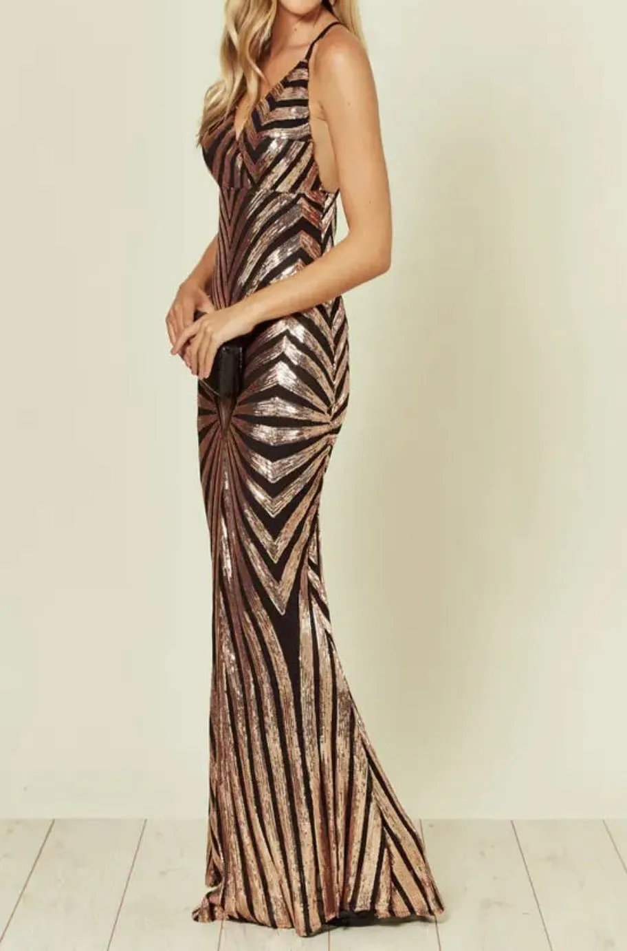 Emmy Black and Gold Sequin Gown By SAM D'MONES