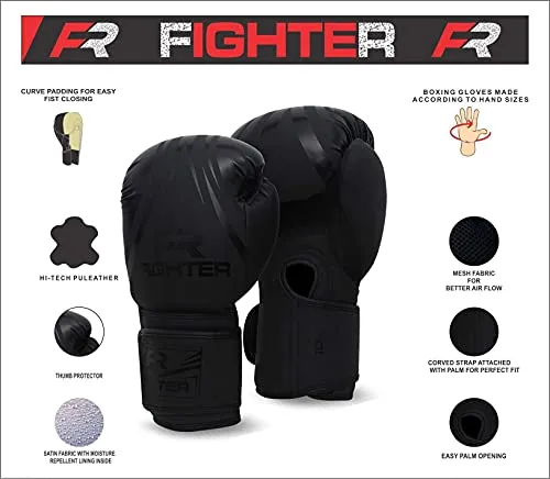 Fighter Boxing Gloves Perfect for MMA Training, Punching Bag, Kickboxing, Muay Thai Boxing Gloves for Men, Women and Adult (Black, 12 oz)