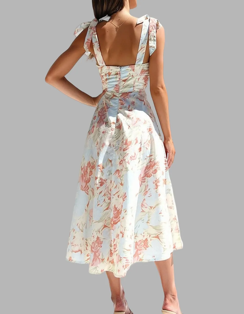 Floral Printed V-Neck Strap Mid-Length A-Line Dresses