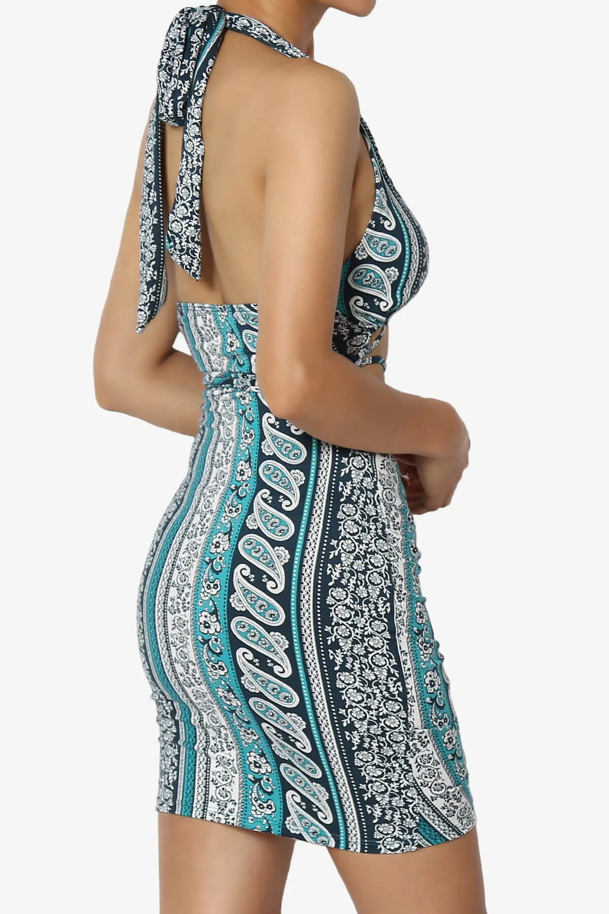 Fortunate Printed Halter Cut Out Bodycon Mini Dress