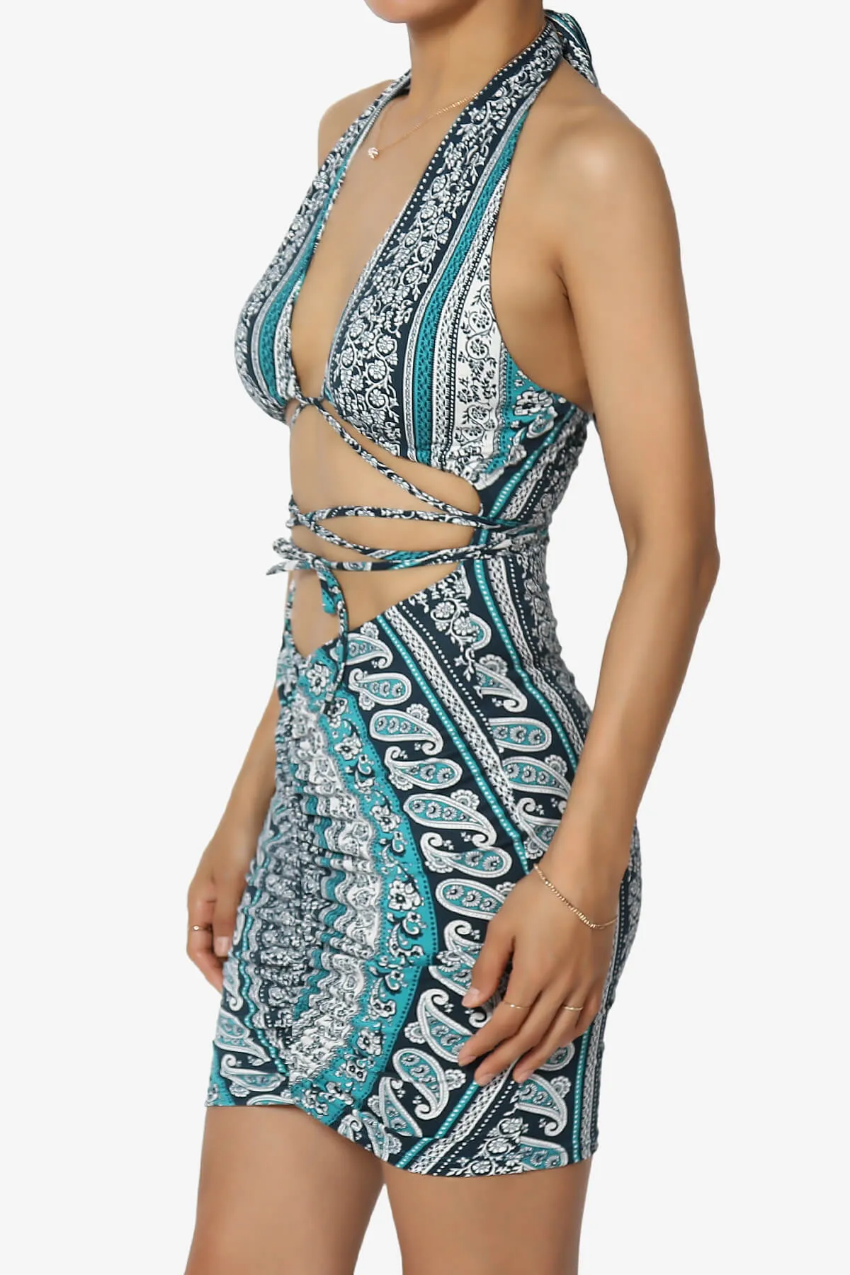 Fortunate Printed Halter Cut Out Bodycon Mini Dress