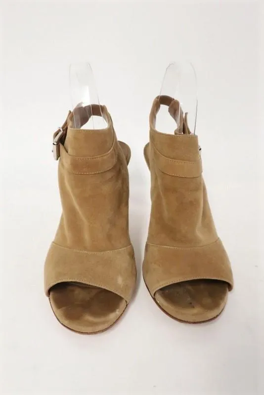 Gianvito Rossi Open Toe Booties Brown Suede Size 37 Buckled Slingback Heel
