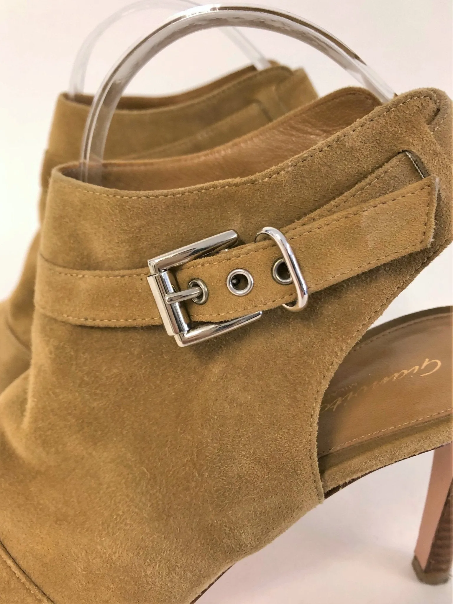 Gianvito Rossi Open Toe Booties Brown Suede Size 37 Buckled Slingback Heel