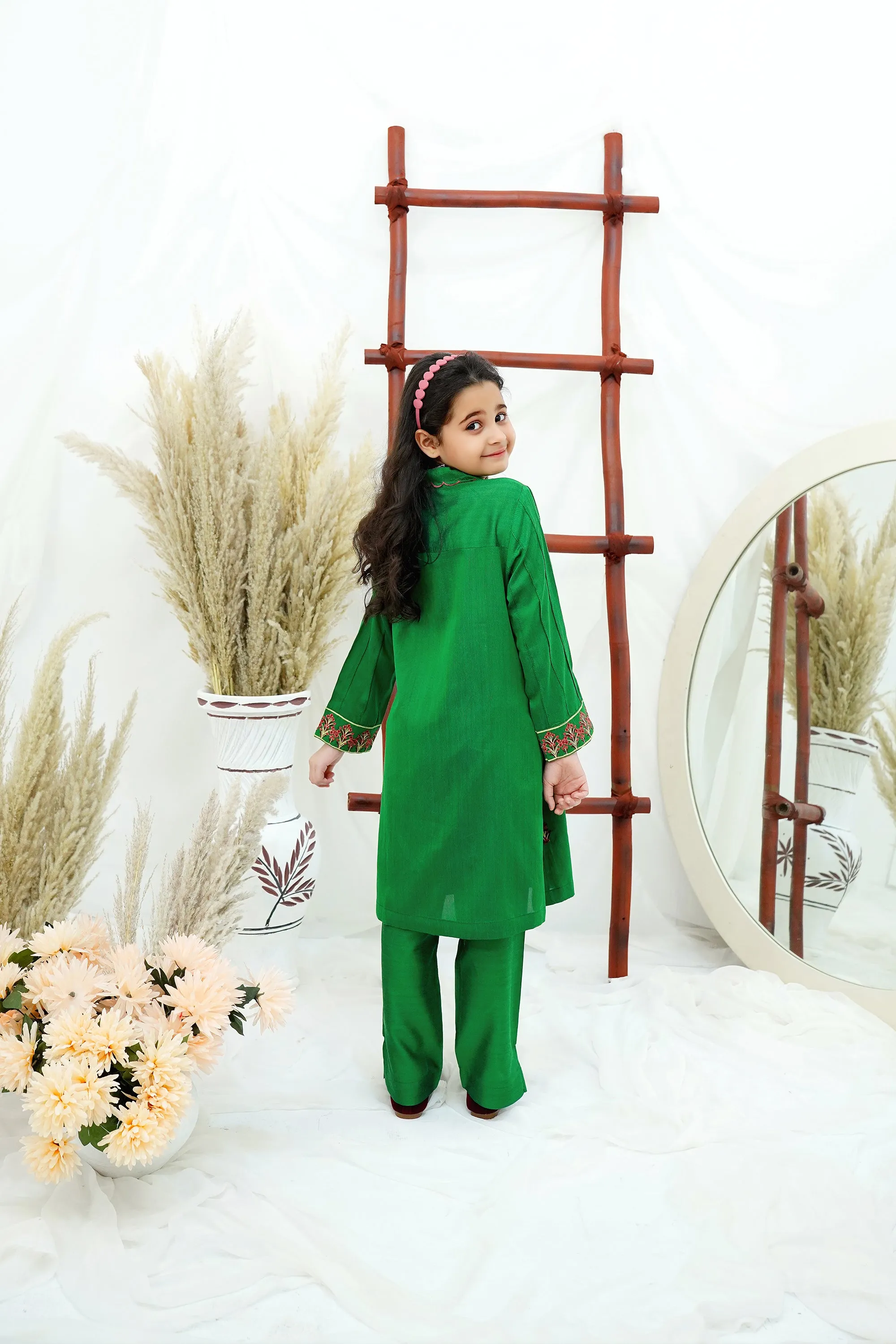 Green Embroidered Cotton Silk