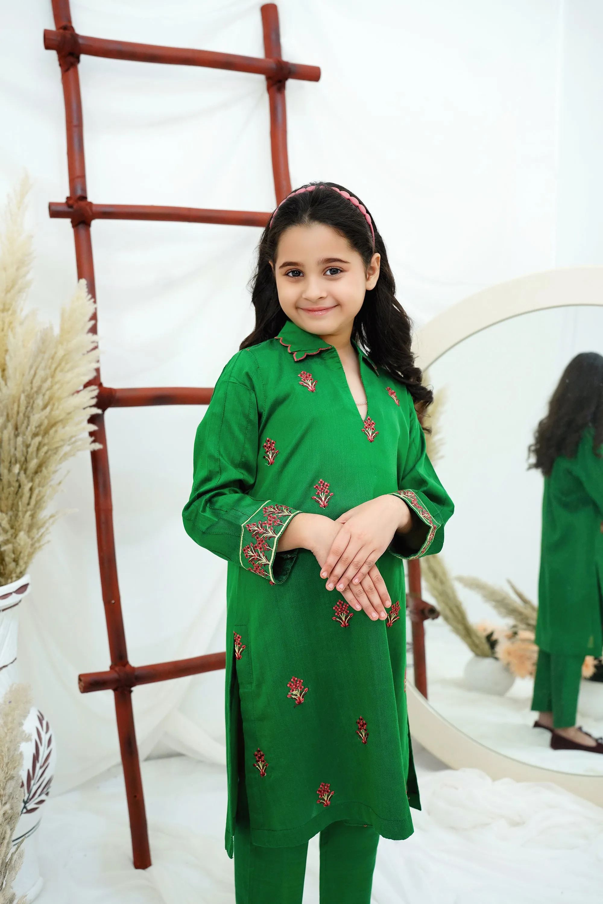 Green Embroidered Cotton Silk