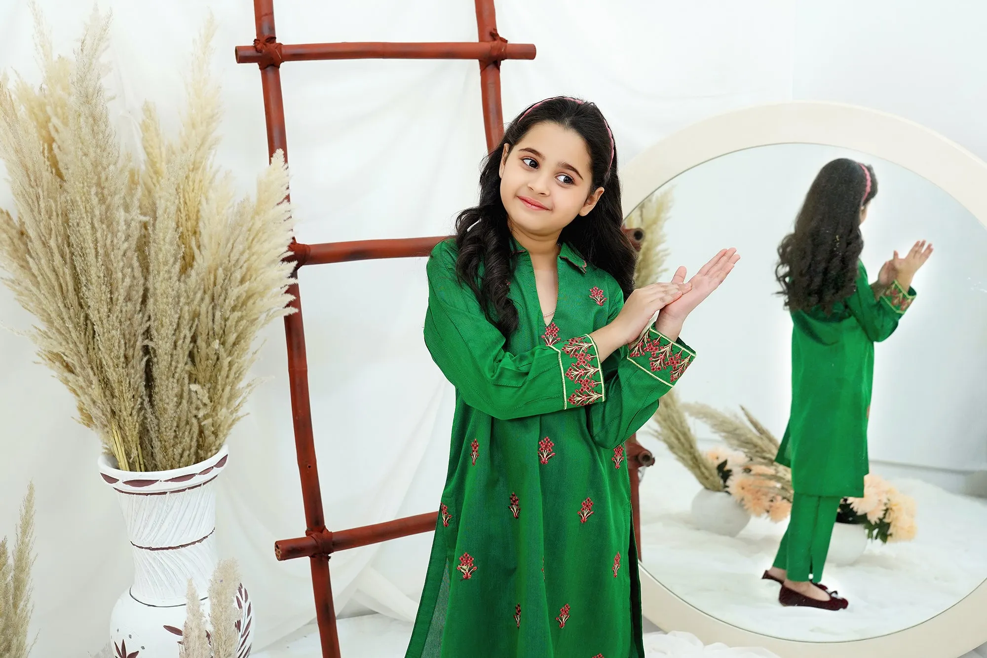 Green Embroidered Cotton Silk