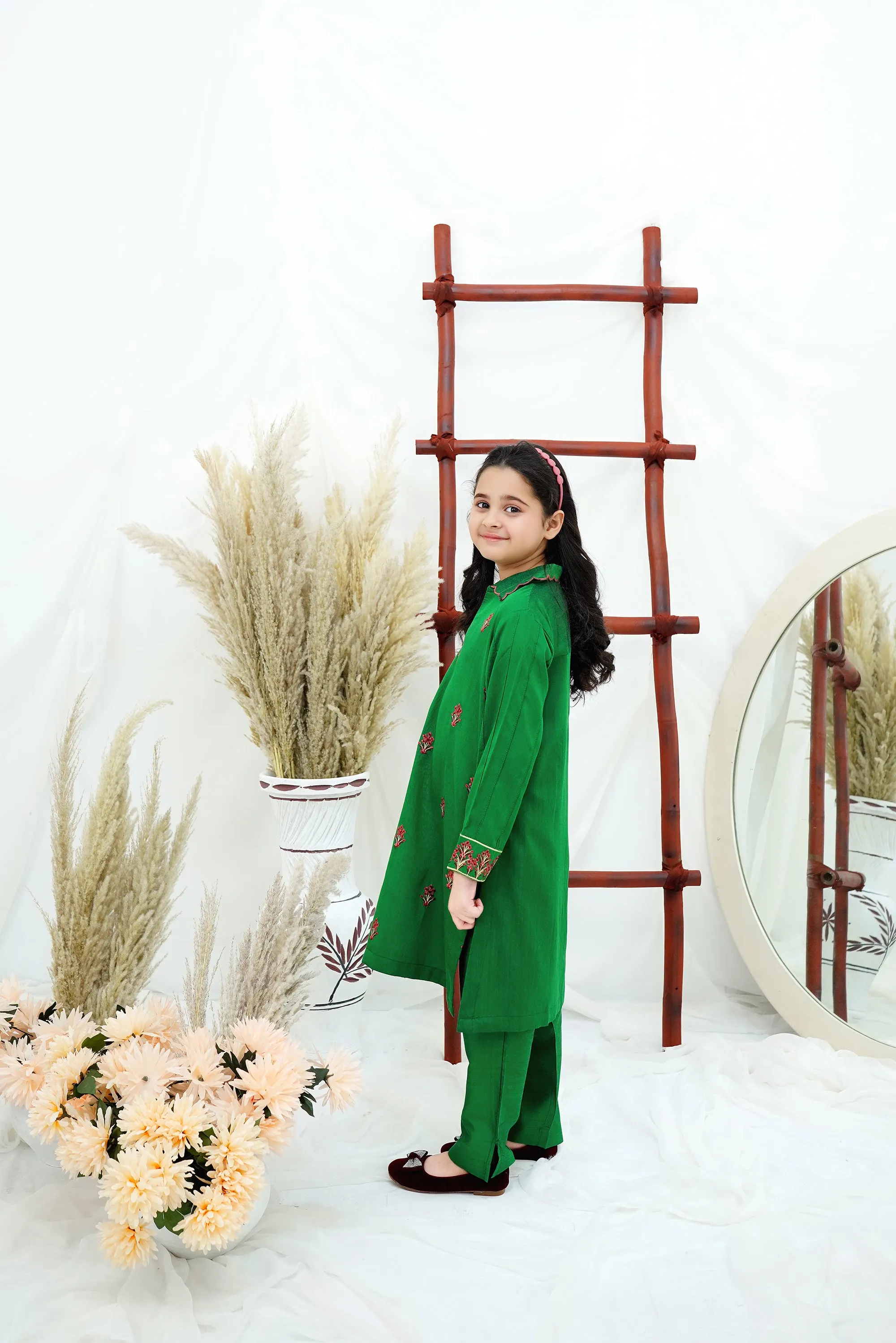 Green Embroidered Cotton Silk