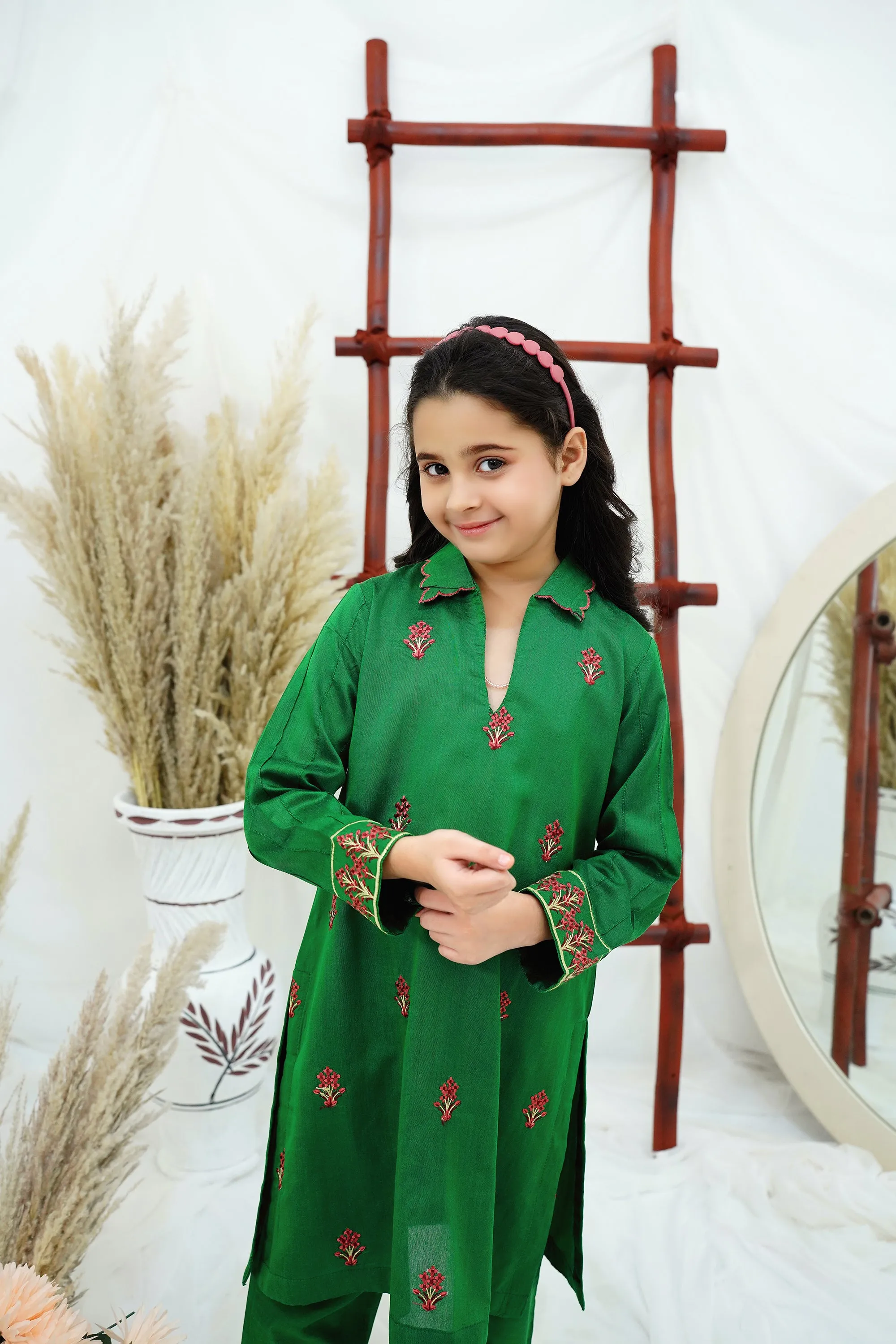 Green Embroidered Cotton Silk