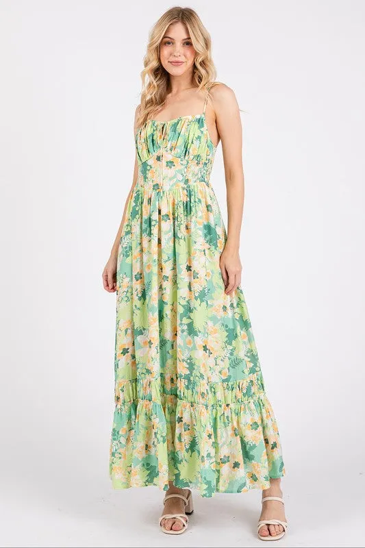 Green Floral Smocked Back Ruffled Hem Maxi Cami Dress