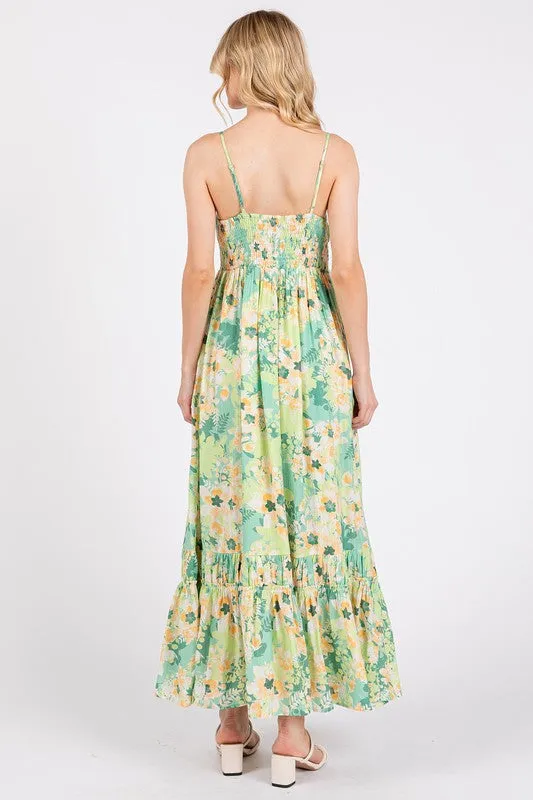 Green Floral Smocked Back Ruffled Hem Maxi Cami Dress