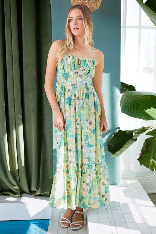 Green Floral Smocked Back Ruffled Hem Maxi Cami Dress