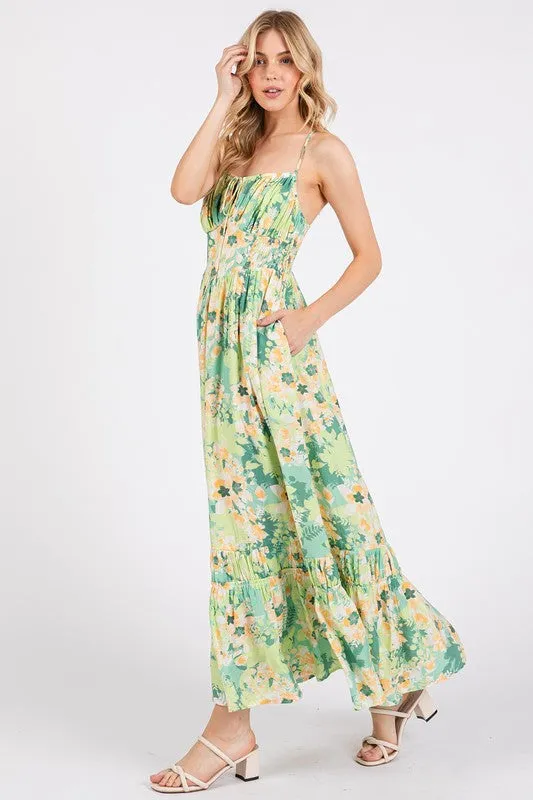 Green Floral Smocked Back Ruffled Hem Maxi Cami Dress