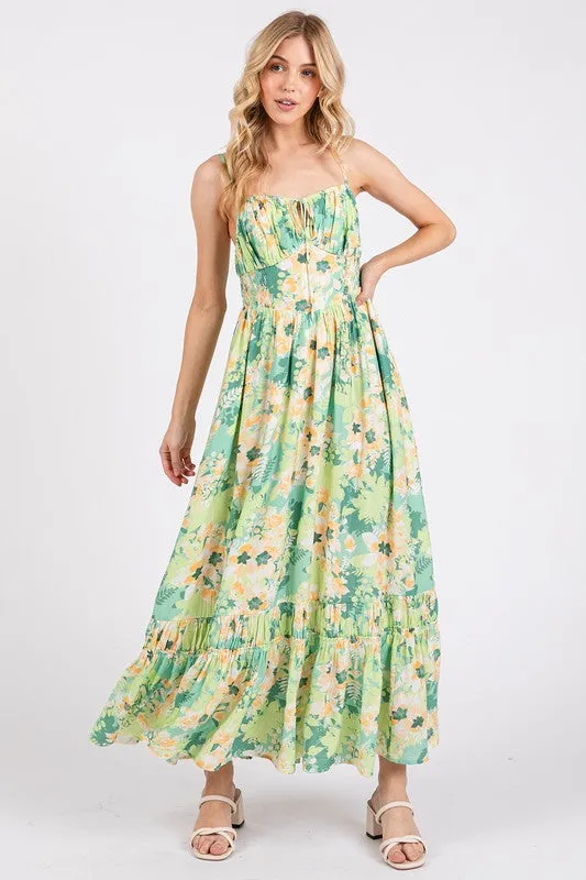 Green Floral Smocked Back Ruffled Hem Maxi Cami Dress