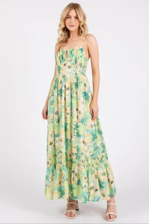 Green Floral Smocked Back Ruffled Hem Maxi Cami Dress
