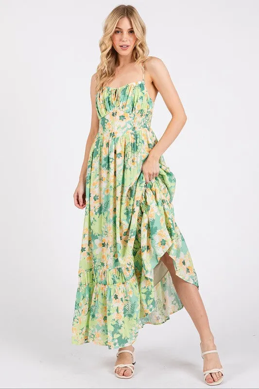Green Floral Smocked Back Ruffled Hem Maxi Cami Dress