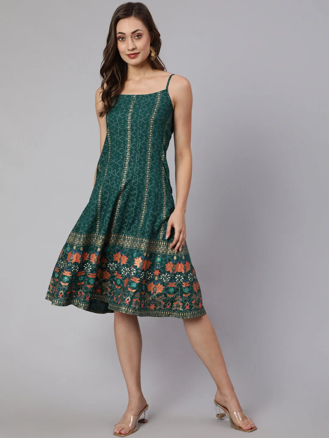Green Printed Strappy Dress