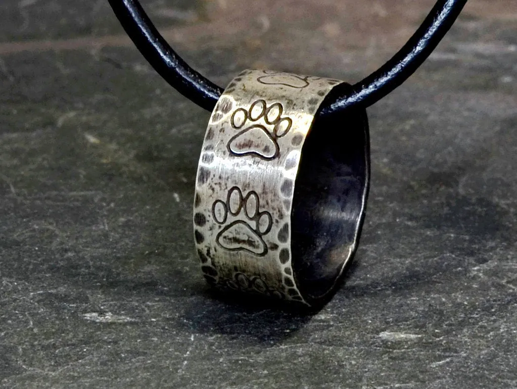 Hammered sterling silver paw ring necklace with rustic dark patina