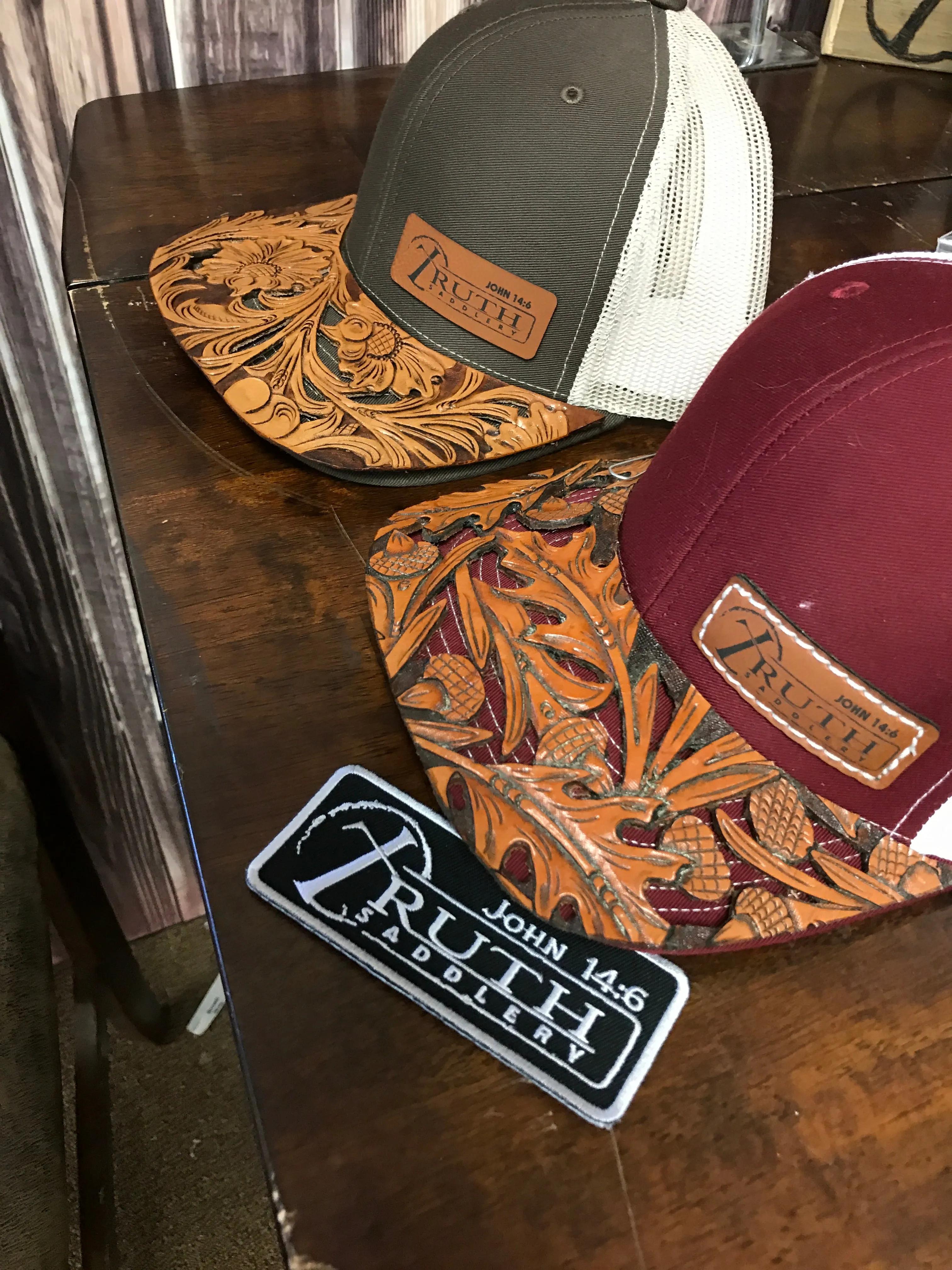 HAND TOOLED Leather Cap BRIM — TRUTH SADDLERY PATCH CAPS - Snap back One size fi