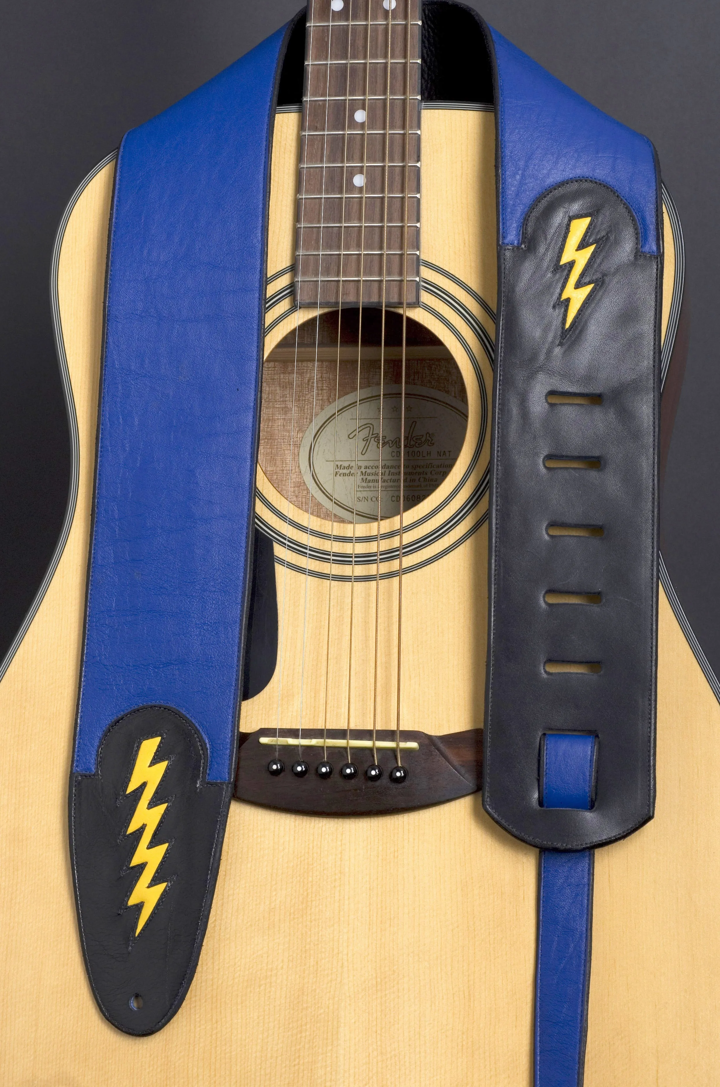 Handmade Blue Leather Guitar Strap with Lightning Bolt
