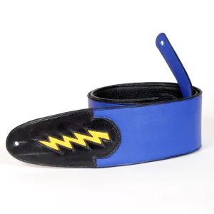 Handmade Blue Leather Guitar Strap with Lightning Bolt