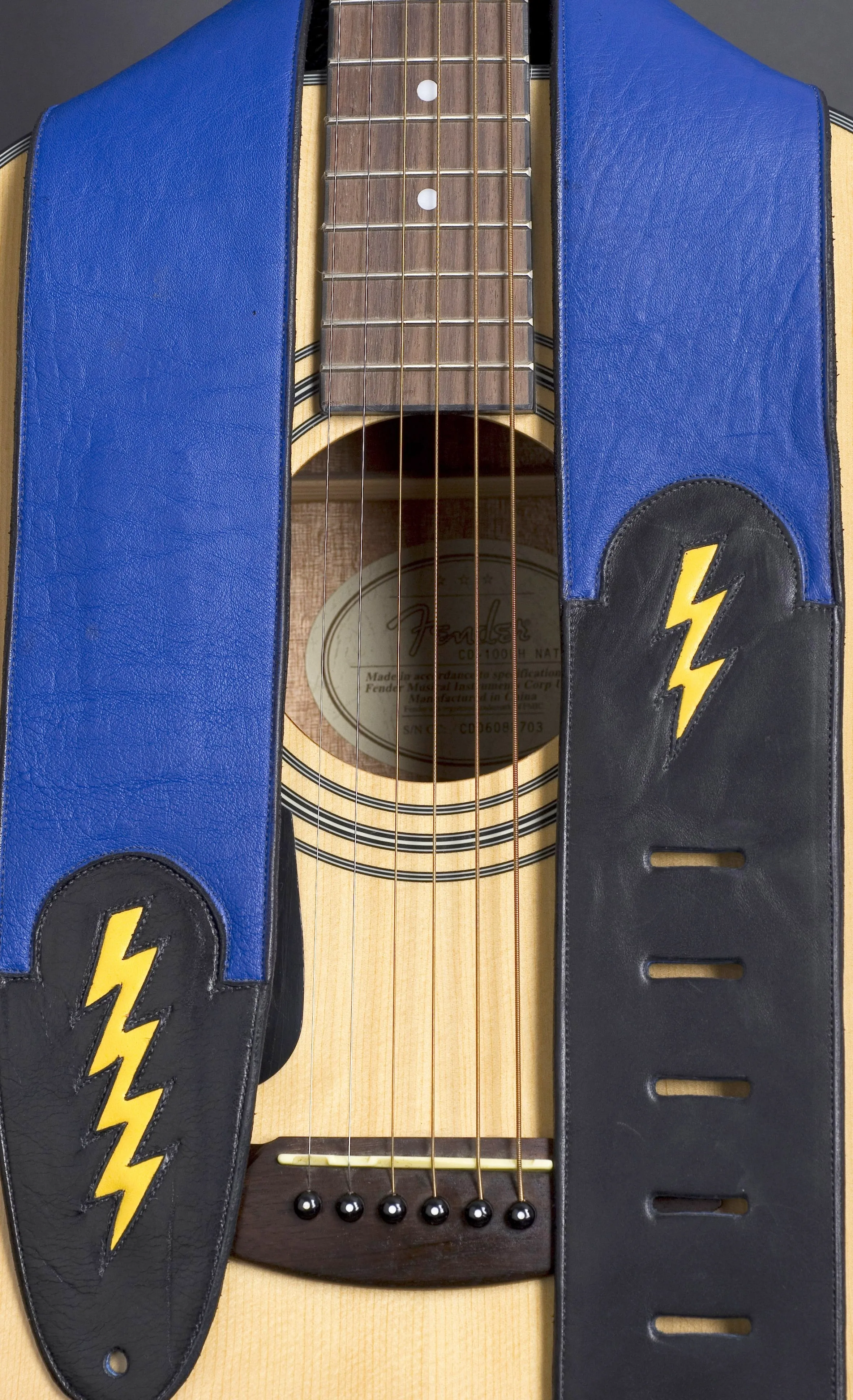 Handmade Blue Leather Guitar Strap with Lightning Bolt