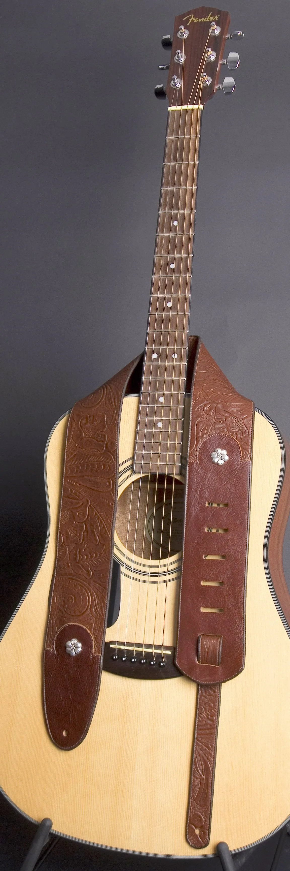Handmade Embossed Guitar Strap with Sterling Rosettes