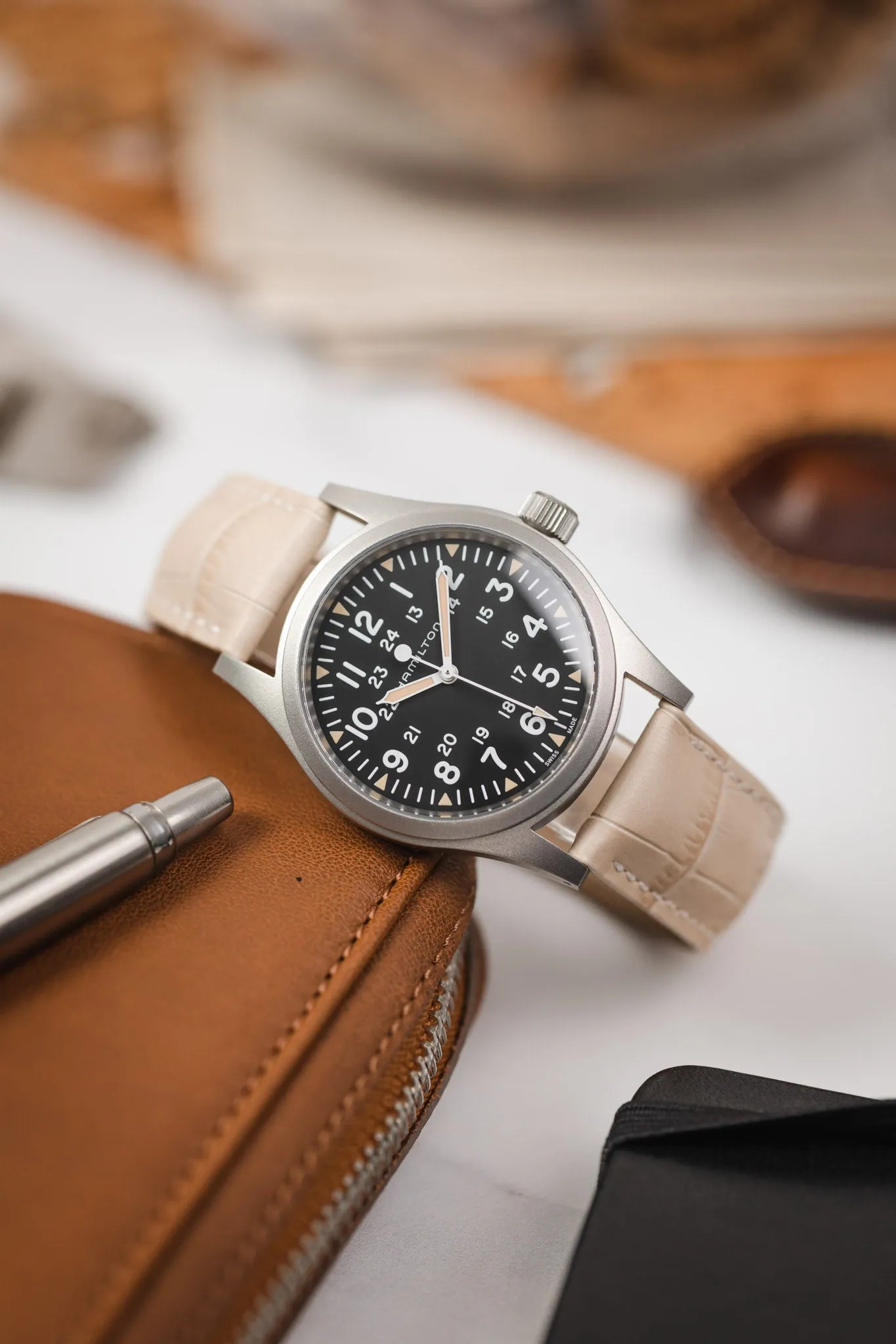 Hirsch DUKE NQR Alligator Embossed Leather Watch Strap - BEIGE