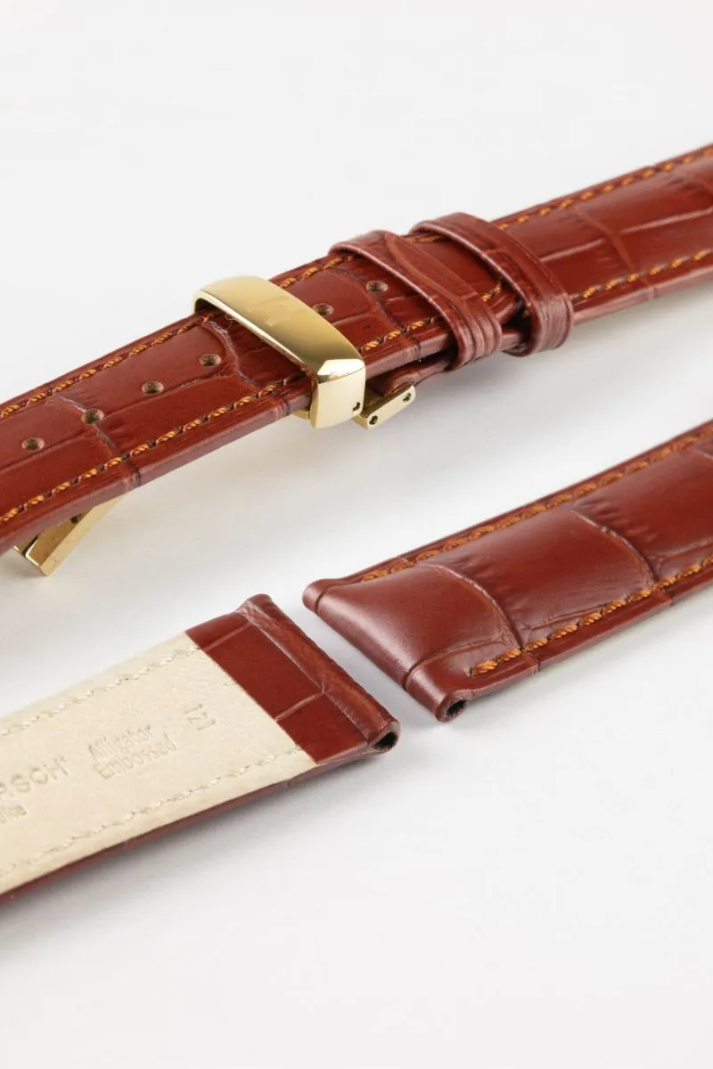 Hirsch DUKE NQR Alligator Embossed Leather Watch Strap - GOLD BROWN