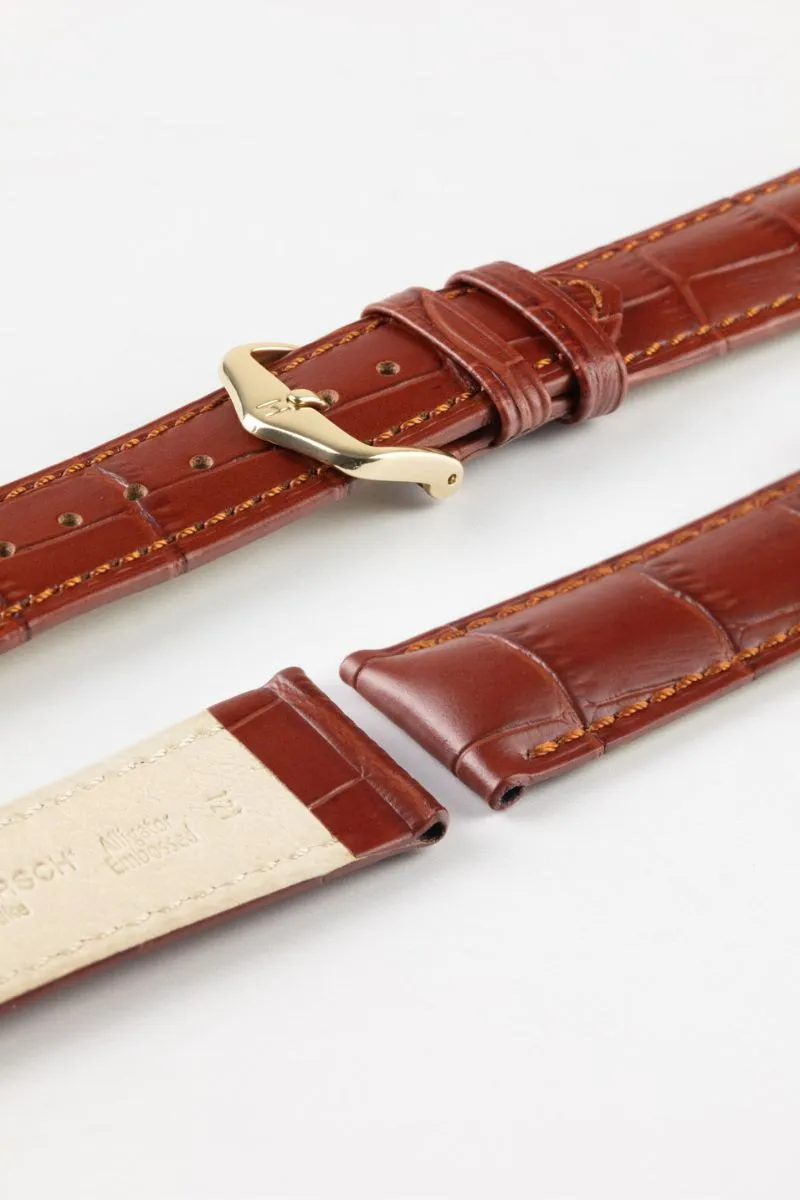 Hirsch DUKE NQR Alligator Embossed Leather Watch Strap - GOLD BROWN