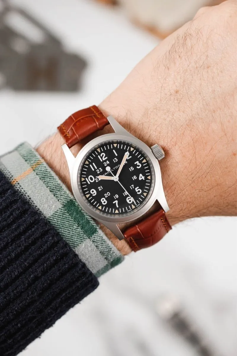 Hirsch DUKE NQR Alligator Embossed Leather Watch Strap - GOLD BROWN