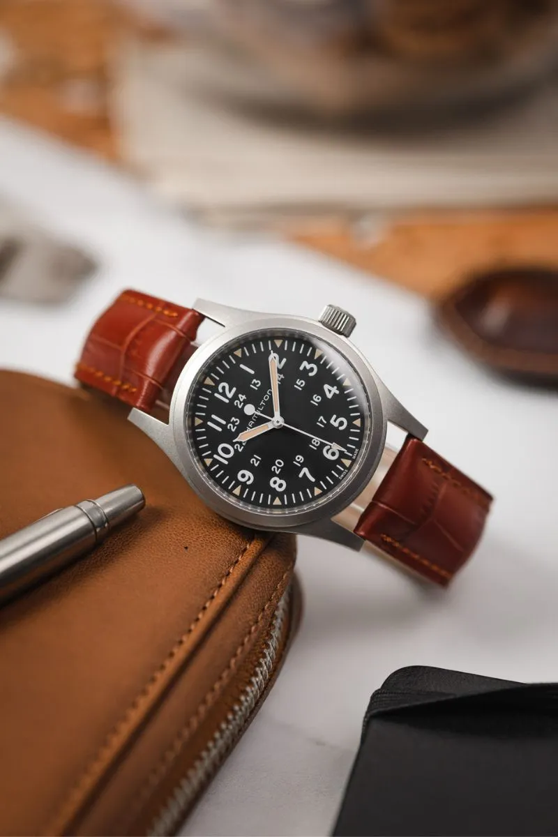 Hirsch DUKE NQR Alligator Embossed Leather Watch Strap - GOLD BROWN