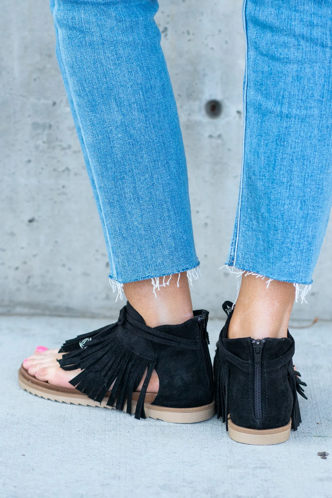I See You Black Fringe Sandals