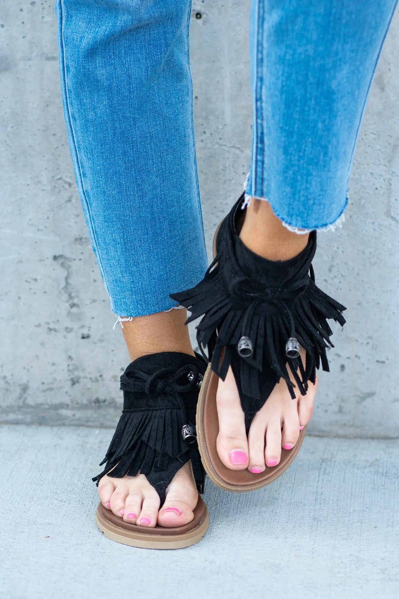 I See You Black Fringe Sandals