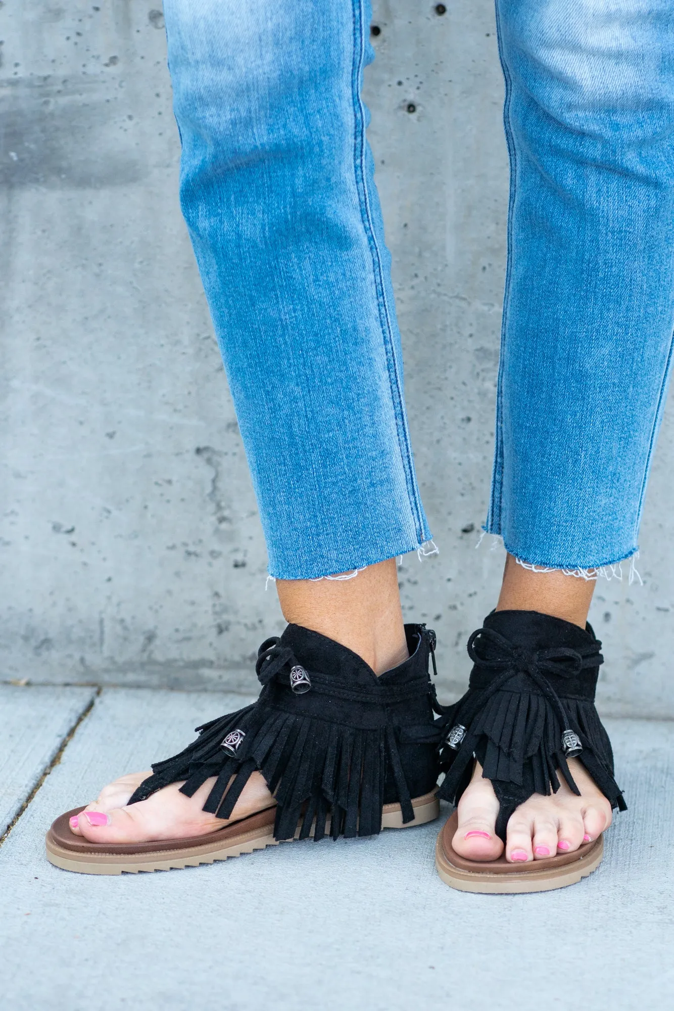 I See You Black Fringe Sandals