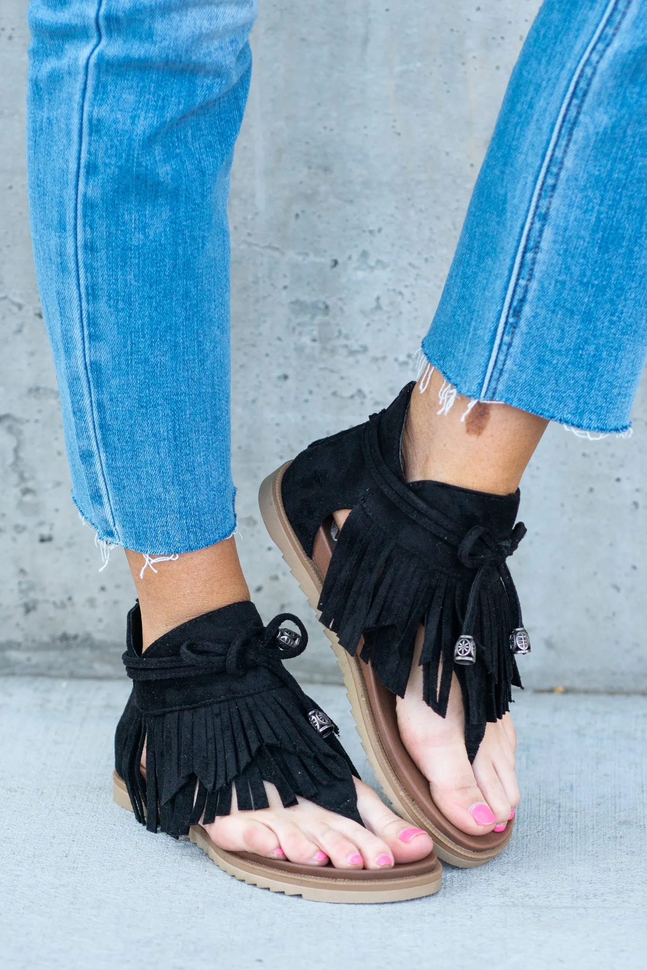 I See You Black Fringe Sandals