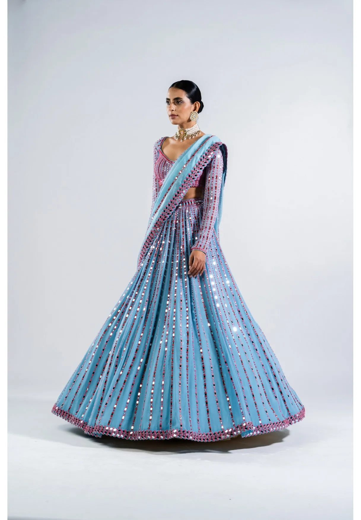 Ice Blue Linear Drop Lehenga Set