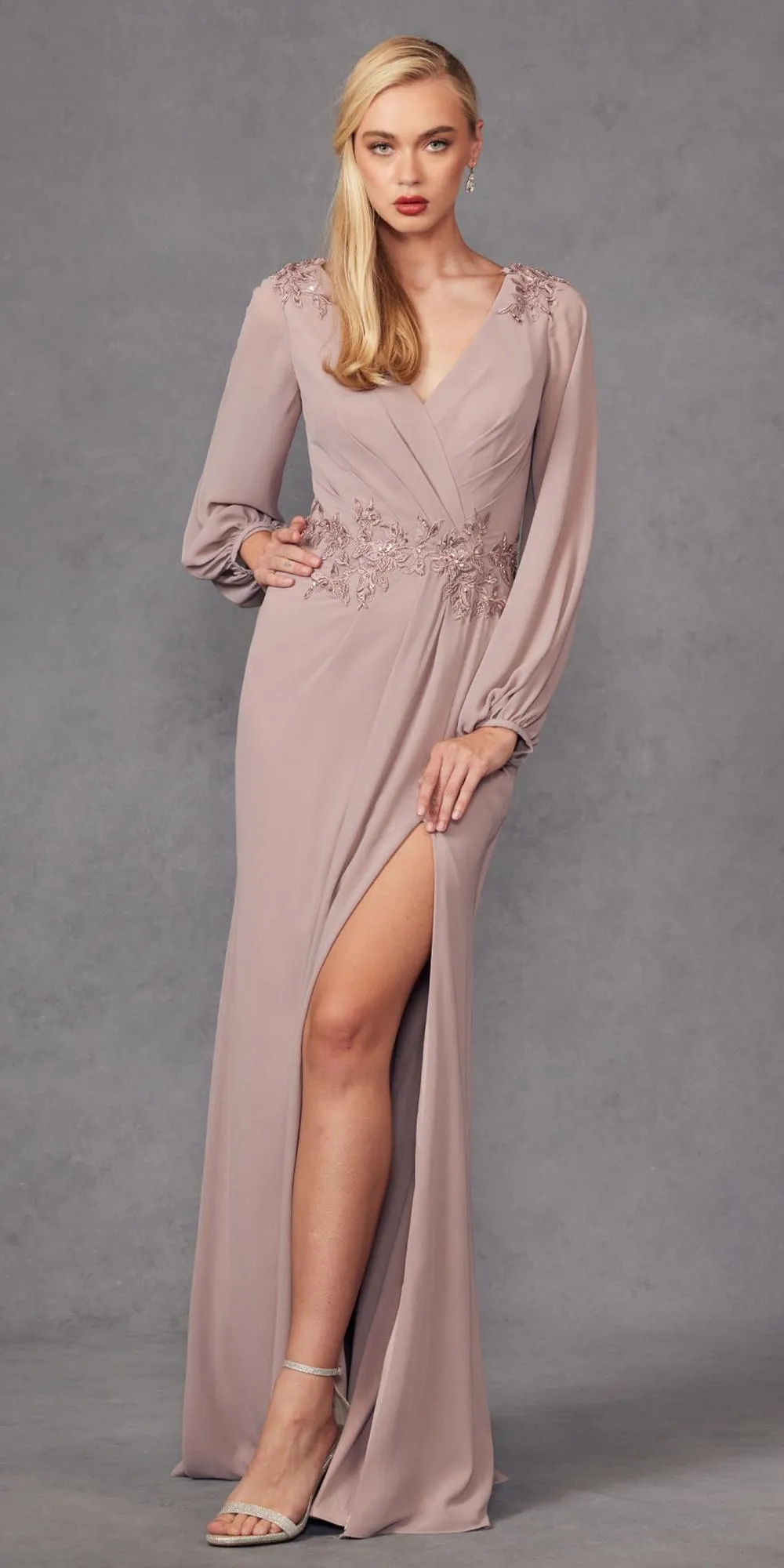 Juliet JTM16A Long Sleeve V-Neck Embroidered Applique Evening Gown
