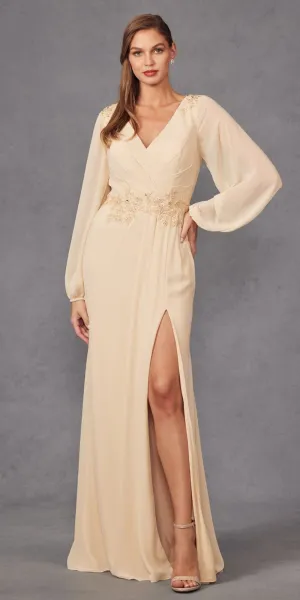 Juliet JTM16A Long Sleeve V-Neck Embroidered Applique Evening Gown
